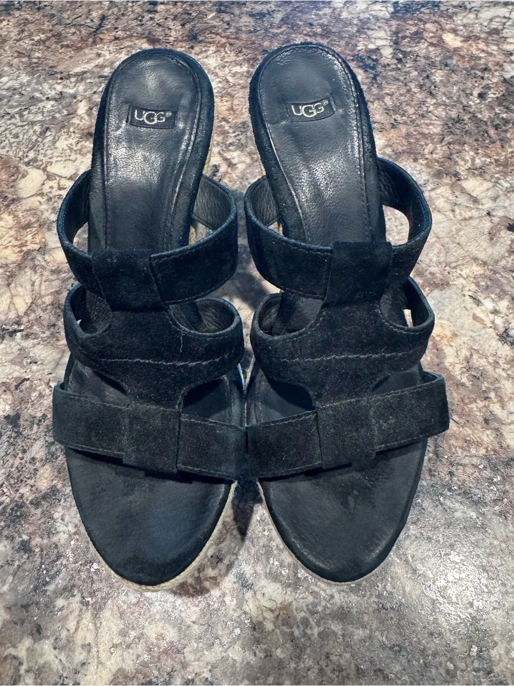 UGG Black Suede Espadrille Wedge Sandals